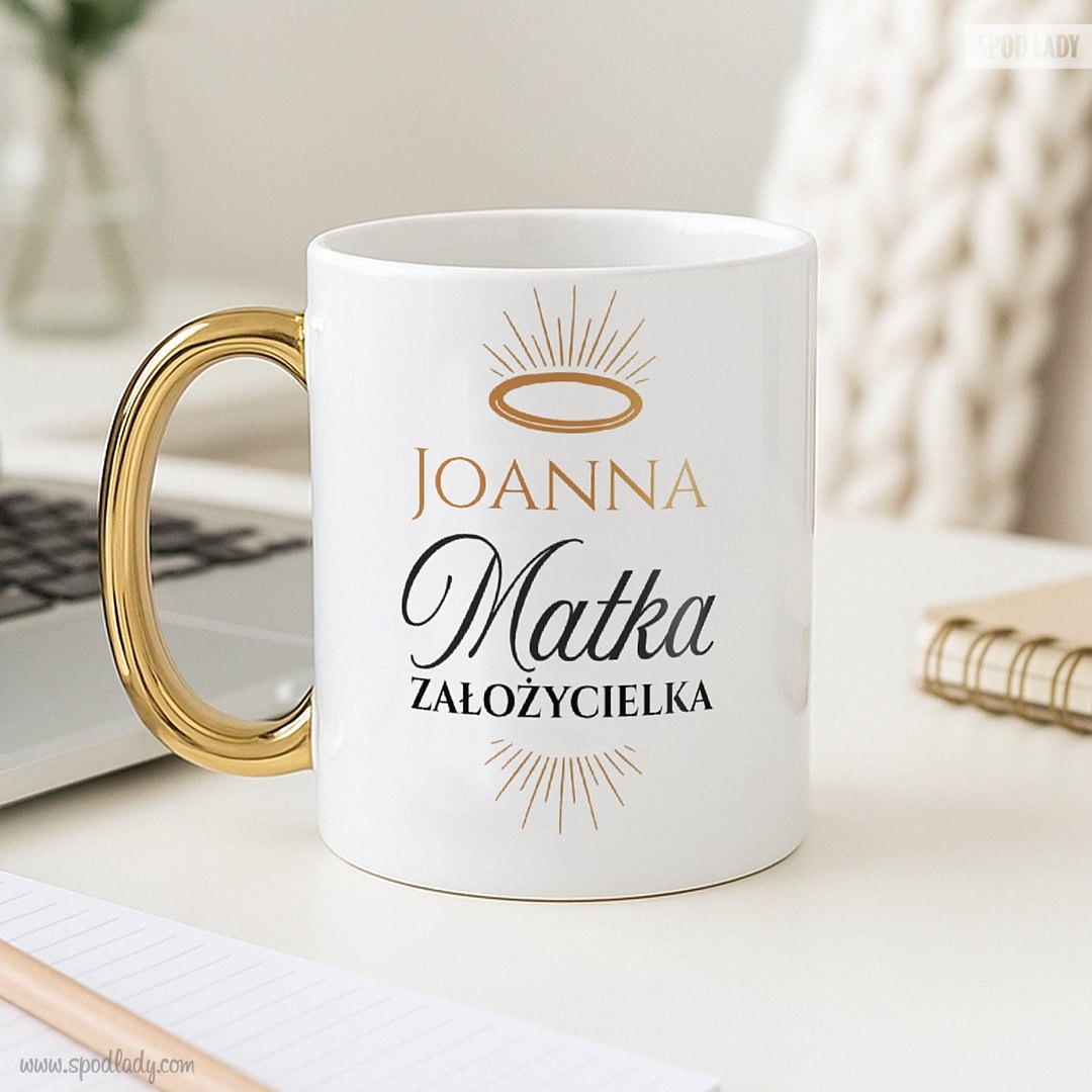Zestaw z personalizowanym kubkiem dla Matki Zaoycielki - Kubek bok zlote ucho