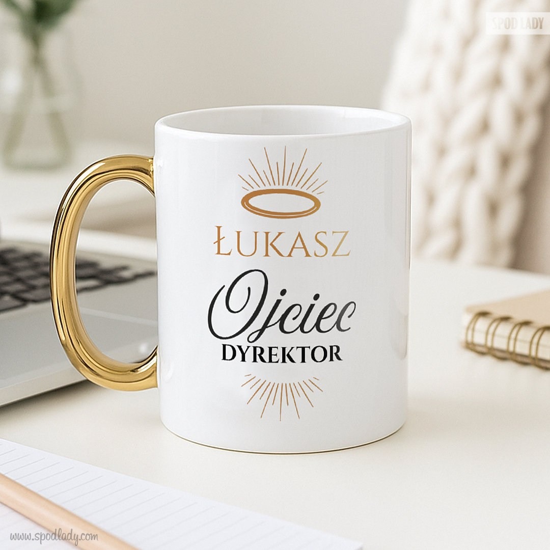 Zestaw z personalizowanym kubkiem dla Ojca Dyrektora - Kubek bok zlote ucho