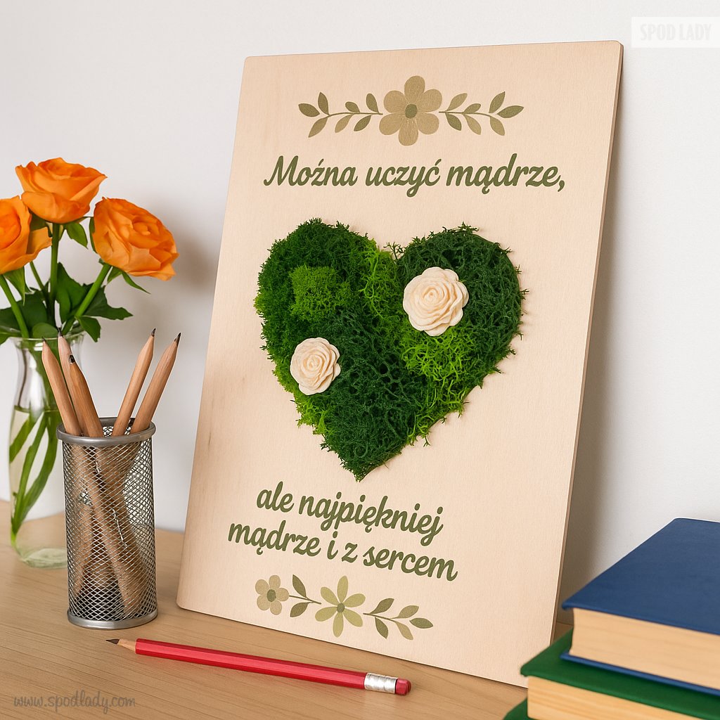 Tabliczka z mchem "Uczy mdrze i z sercem"