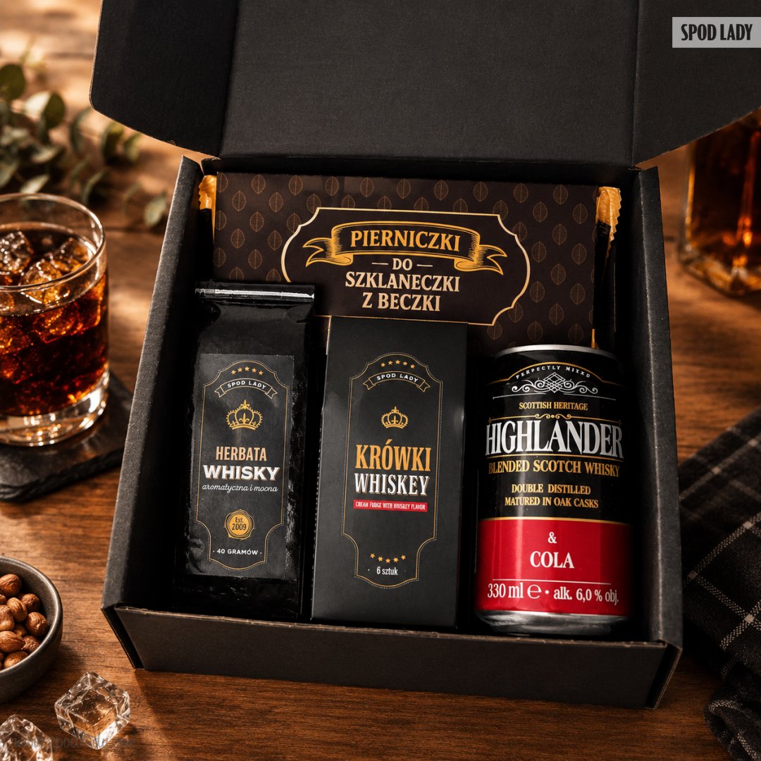 Zestaw z drinkiem whisky w czerni